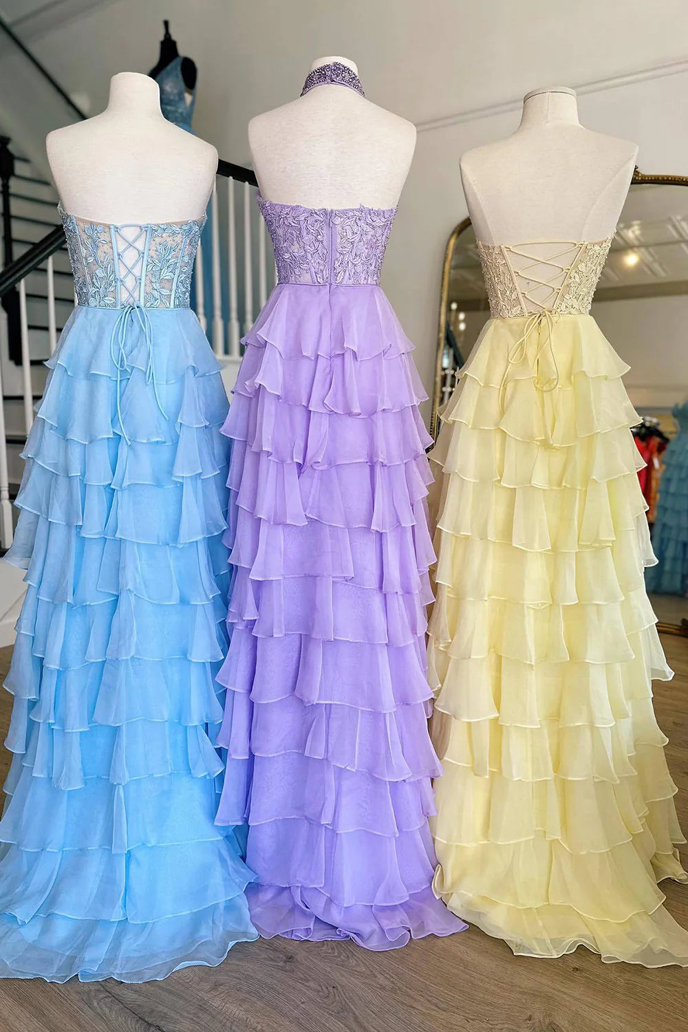 Beaded Tiered Ruffles Halter Prom Dress with Slit