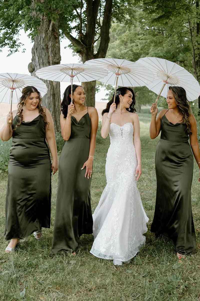 Green Spaghetti Straps Silk Satin Long Bridesmaid Dress