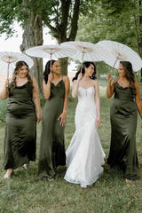 Green Spaghetti Straps Silk Satin Long Bridesmaid Dress