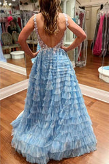 Applique Layered Tulle Blue A-Line Prom Dress with Straps