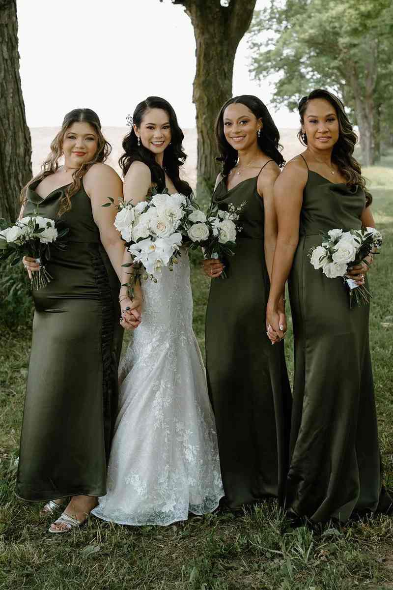 Dark Green Spaghetti Straps Silk Satin Long Bridesmaid Dress