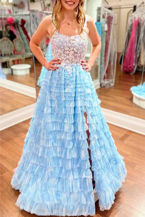 A-Line Applique Layered Tulle Blue Prom Dress with Straps