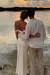 White Off the Shoulder Sheath Satin Long Prom Dress