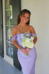 White Off the Shoulder Sheath Satin Long Prom Dress