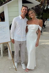 White Off the Shoulder Sheath Satin Long Prom Dress