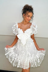 White Fabulous 3D Flowers A-Line Short Homecoming Dress with Short Sleeves