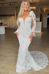 Ivory Plunging V Neck Mermaid Lace Wedding Dress with Long Sleeves