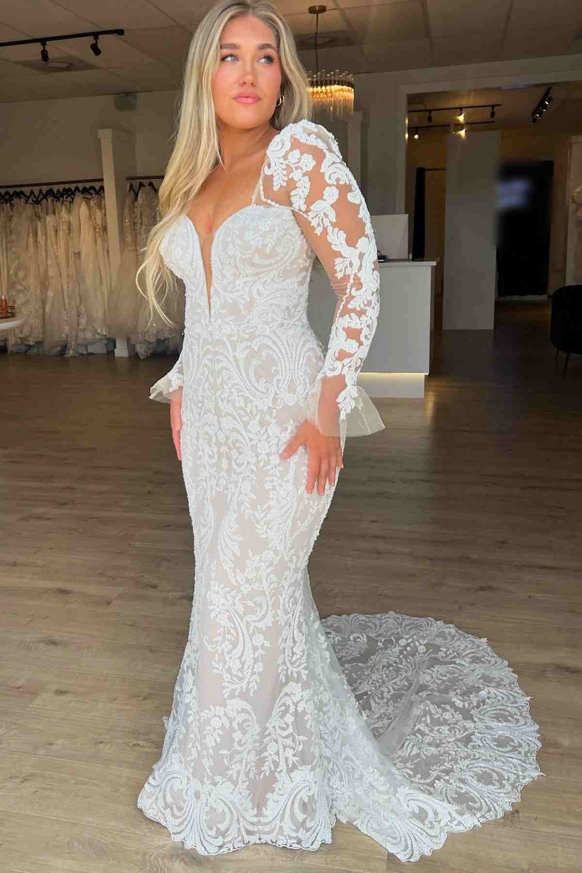 Lace Plunging V Neck Mermaid Wedding Dress with Long Sleeves