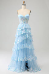 Tulle Light BlUE Strapless Sequins Ruffle Layered Prom Dress with Slit