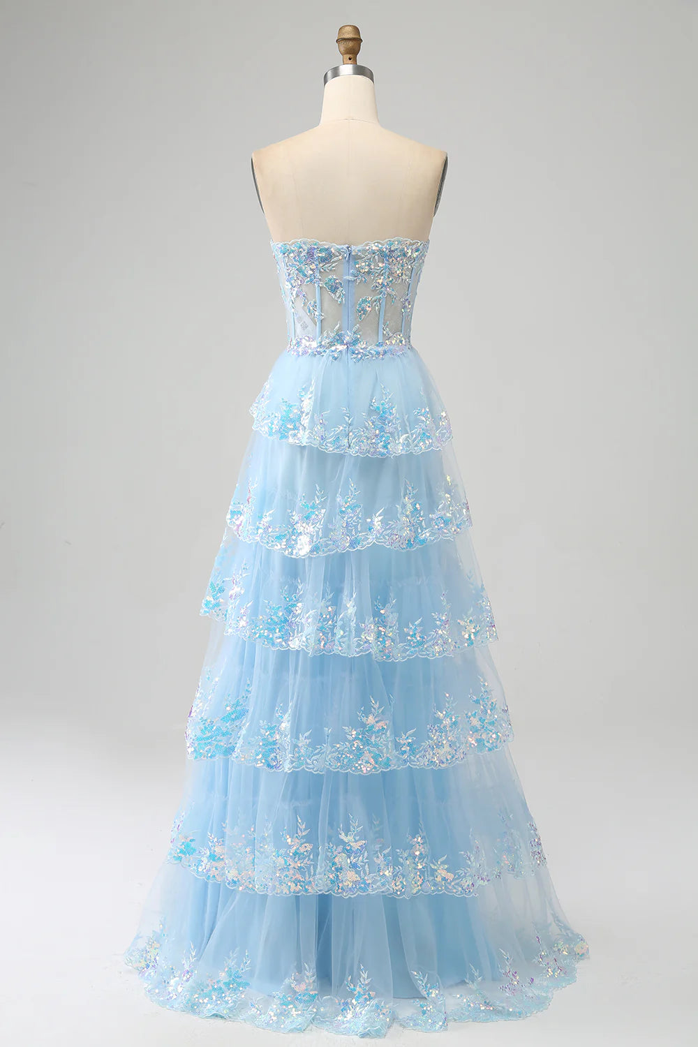 Tulle Light Blue Strapless Sequins Ruffle Layered Prom Dress with Slit