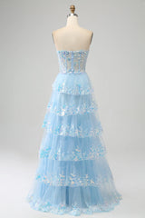 Tulle Light Blue Strapless Sequins Ruffle Layered Prom Dress with Slit