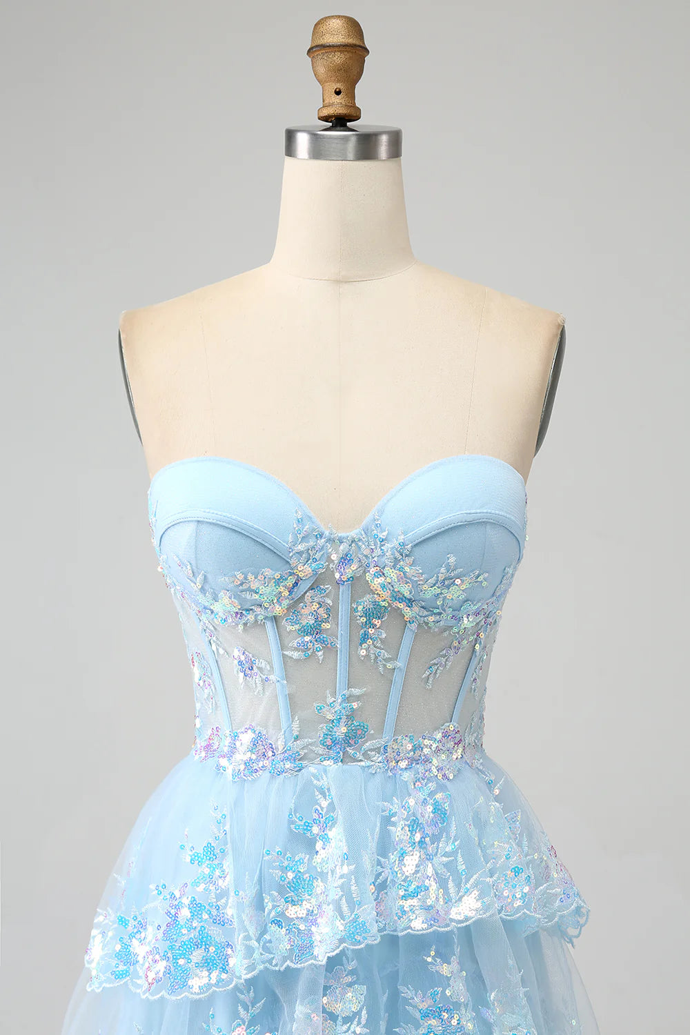 Tulle Light Blue Strapless Sequins Ruffle Layered Prom Dress with Slit
