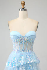 Tulle Light Blue Strapless Sequins Ruffle Layered Prom Dress with Slit