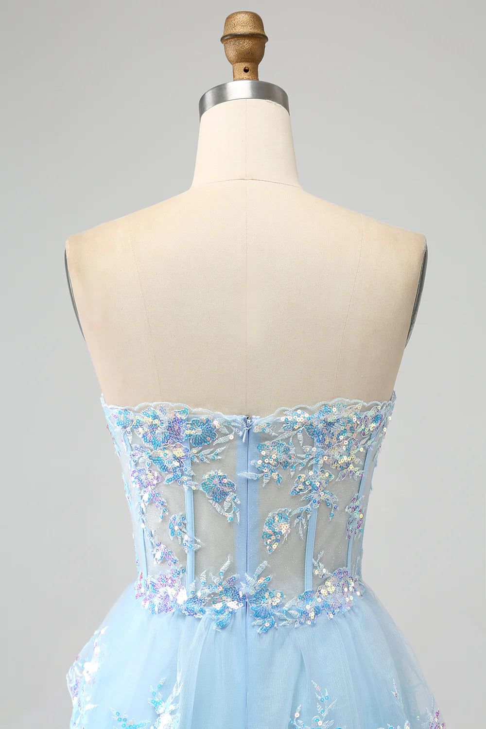 Sequins Tulle Light Blue Strapless Ruffle Layered Prom Dress with Slit