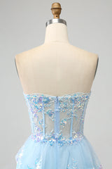 Sequins Tulle Light Blue Strapless Ruffle Layered Prom Dress with Slit