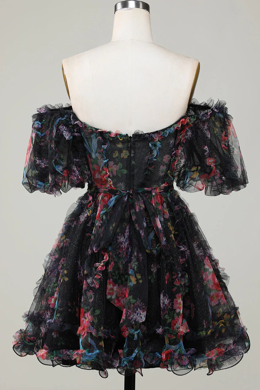 Fuchsia Floral Print A-Line Homecoming Dress with Ruffle