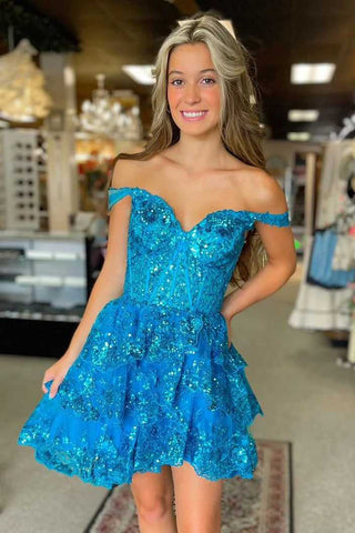 Black Sequin-Embroidery Sweetheart Tiered A-Line Homecoming Dress