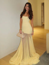 Yellow Mermaid Strapless Chiffon Long Prom Dress