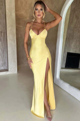 Yellow Satin Spaghetti Straps Sheath Long Prom Dress with Slit