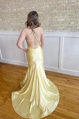 Yellow Spaghetti Strap Mermaid Criss-cross Back Long Prom Dress