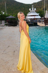 Yellow Spaghetti Straps Sheath Satin Long Prom Dress with Slit