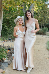 Yellow Spaghetti Straps Sheath Satin Long Prom Dress with Slit