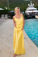 Yellow Spaghetti Straps Sheath Satin Long Prom Dress with Slit