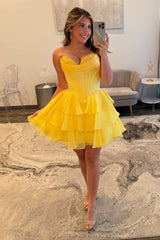 Yellow Mild Sweetheart Strapless Tiered Short Homecoming Dress