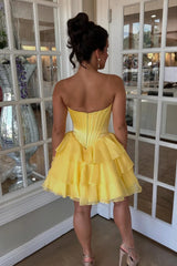 Yellow Mild Sweetheart Strapless Tiered Short Homecoming Dress