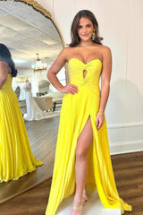 Yellow Sweetheart A-Line Pleated Long Prom Gown with Slit