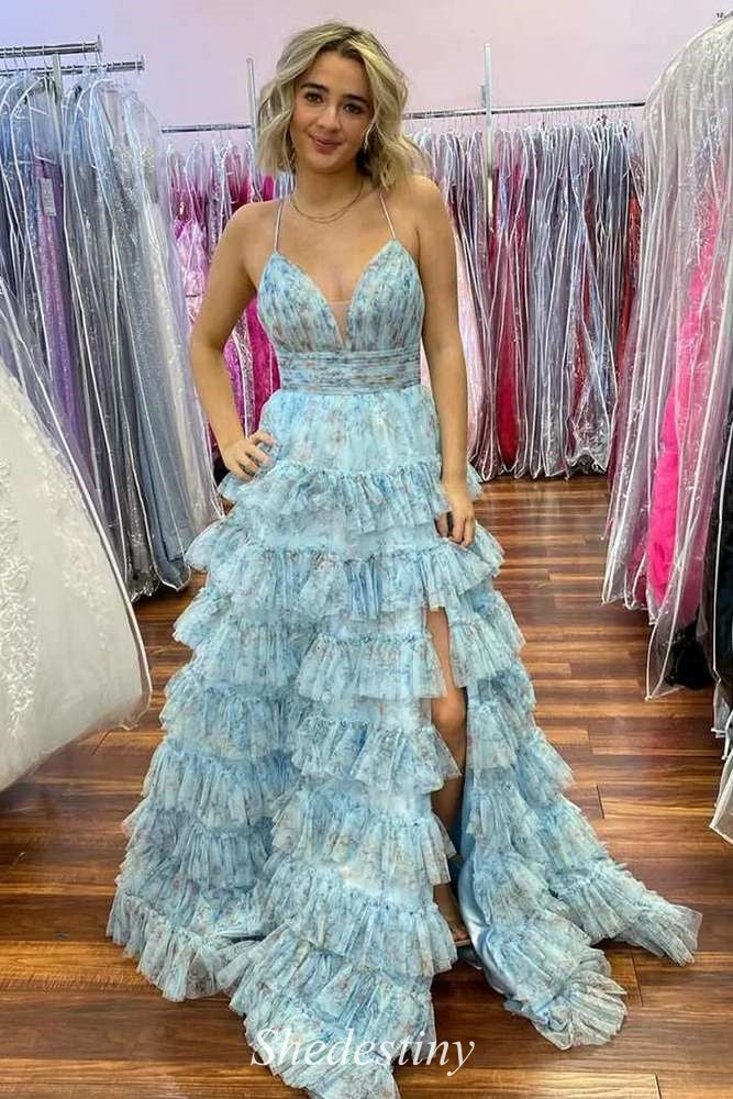 Floral Print Light Blue V-Neck Tiered A-Line Prom Dress with Slit