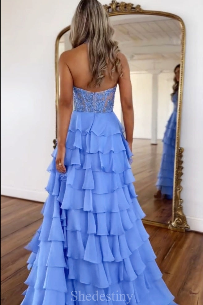 V-Neck Chiffon Halter Blue Mermaid Slit Prom Dress with Tiered Ruffles