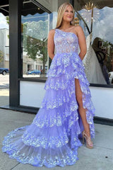 Lilac One-Shoulder Ruffle Tiered Prom Dress with Glitter Appliques