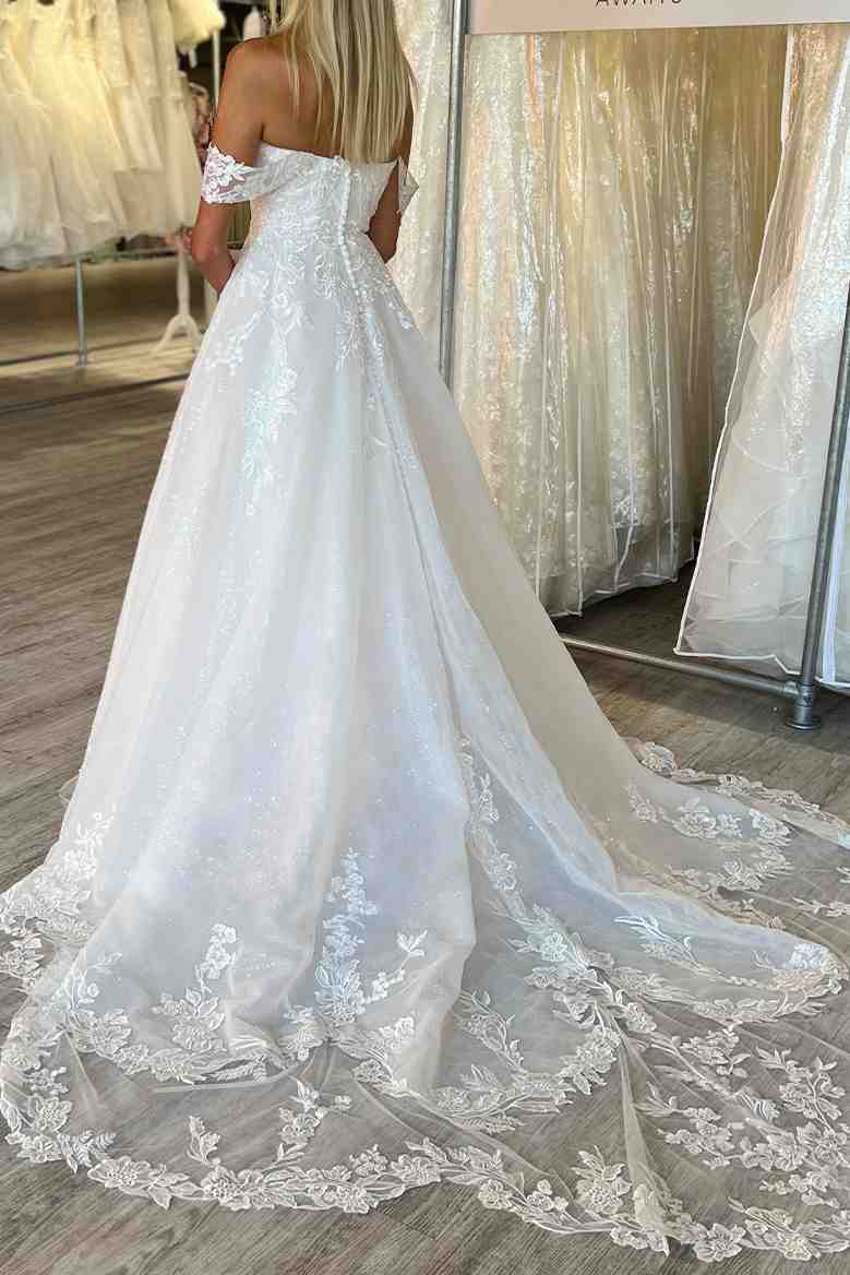 Classy A-Line Off the Shoulder Applique Sweep Train Wedding Dress