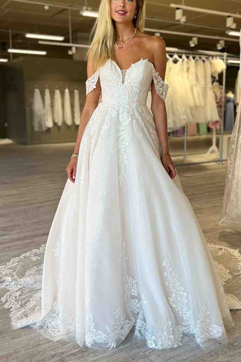 Classy A-Line Off the Shoulder Applique Sweep Train Wedding Dress