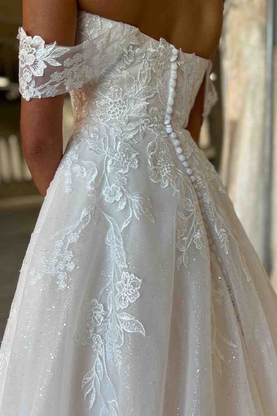 Classy A-Line Off the Shoulder Applique Sweep Train Wedding Dress