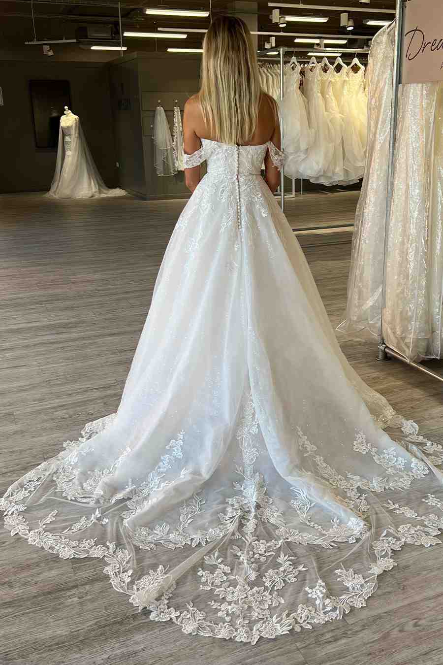 Classy A-Line Off the Shoulder Applique Sweep Train Wedding Dress