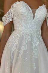 Classy A-Line Off the Shoulder Applique Sweep Train Wedding Dress