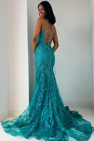 Turquoise Appliques Lace-Up Trumpet Long Prom Dress