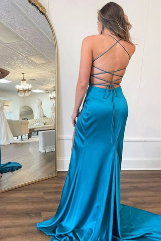 Teal V-Neck Lace-Up Ruched Mermaid Prom Dress with Slit