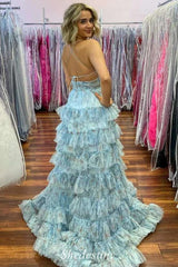 Light Blue V-Neck Tiered A-Line Prom Dress with Slit