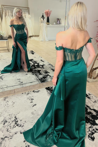 Off-the-Shoulder Emerald Appliques Sheer Bodice Long Gown