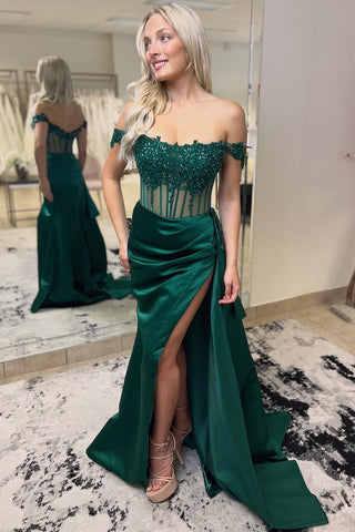 Off-the-Shoulder Emerald Appliques Sheer Bodice Long Gown
