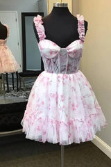 Cute Pink Floral Print Sweetheart Short Homecoming Dress