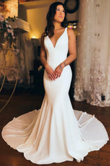 White Plunge V Cowl Back Trumpet Long Wedding Dress