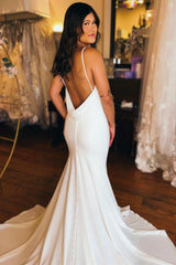 White Plunge V Cowl Back Trumpet Long Wedding Dress