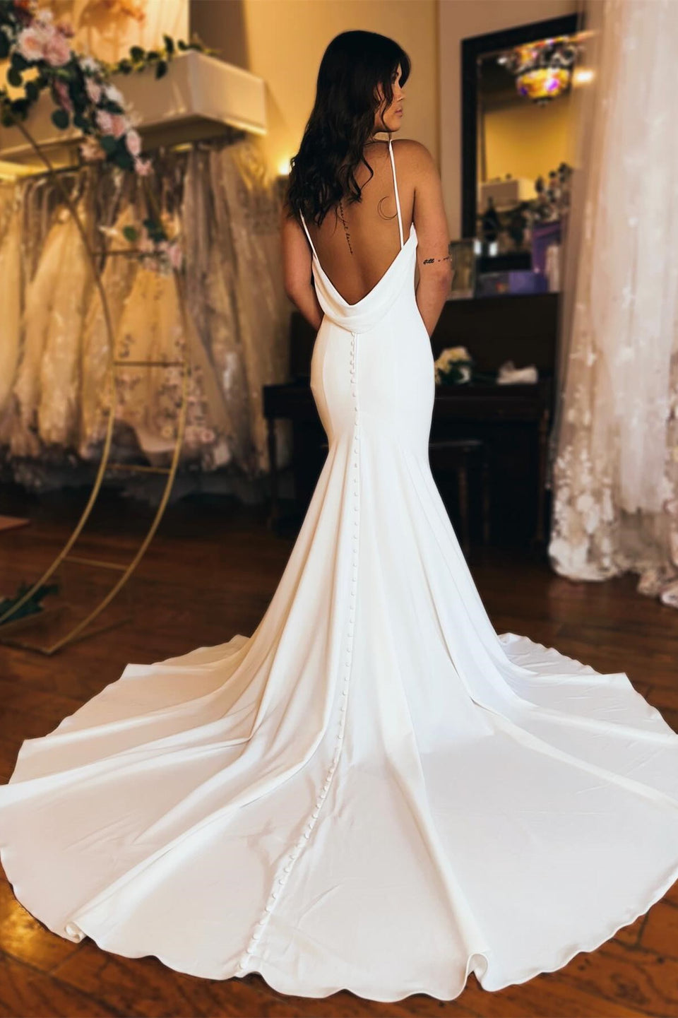 White Lace Square Neck Trumpet Long Wedding Dress VK23062605