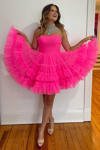 Hot Pink Strapless Ruffle A-Line Homecoming Dress