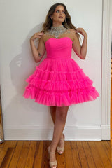 Hot Pink Strapless Ruffle A-Line Homecoming Dress