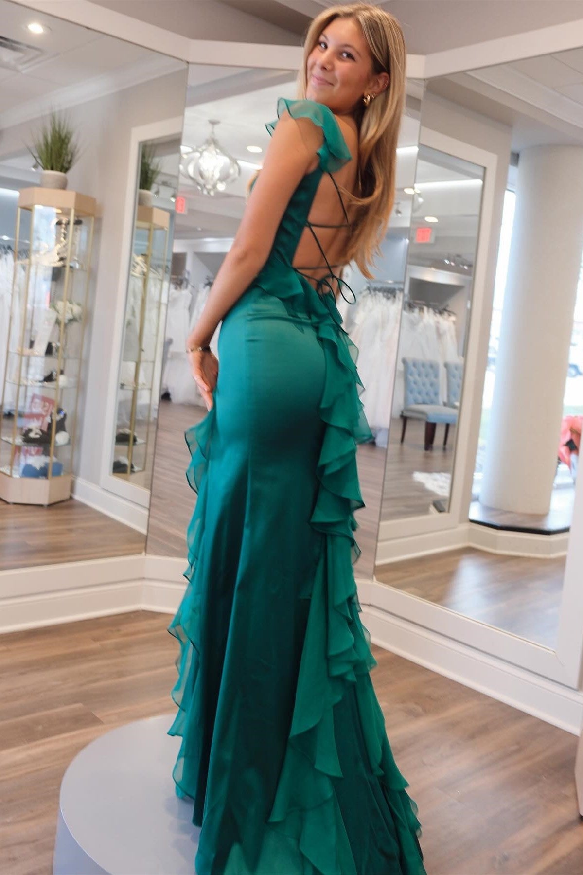 Emerald Ruffle Lace-Up Long Formal Dress with Slit